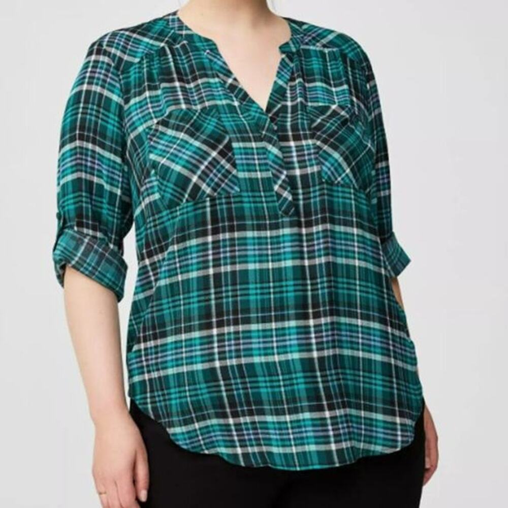 New Torrid Womens 2X Plus Size Top Harper Georgette Blouse Plaid 3/4 Sleeve
